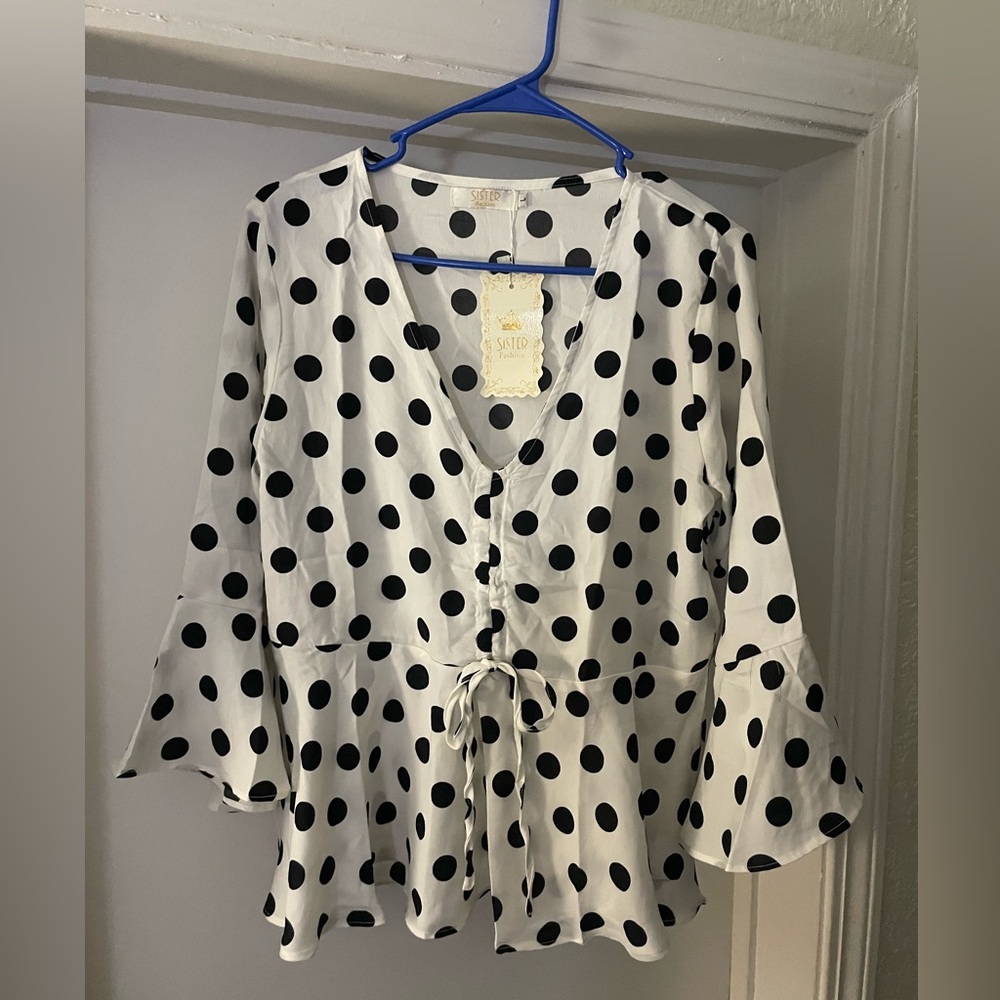 Sister Polka Dot Blouse with Bell Sleeves L NWT